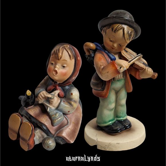 Antique Hummel Figurine Lot of 2 Little Fiddler Happy Pastime U.S. Zone Crown - Picture 1 of 8